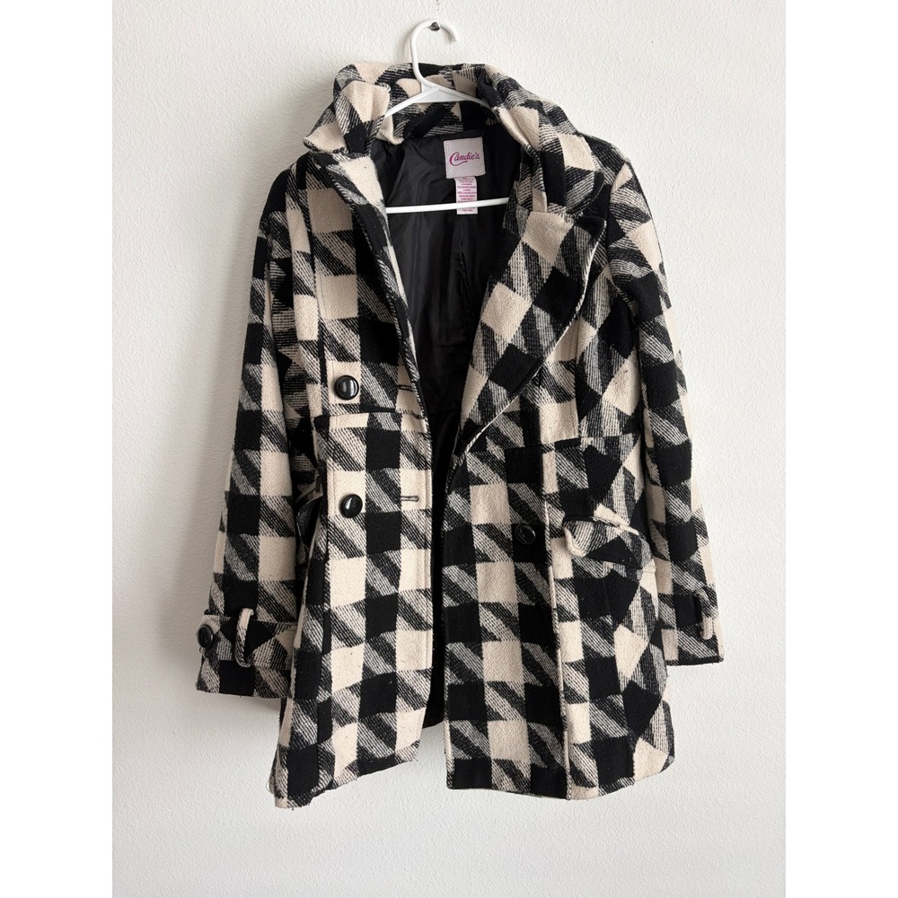 Candies Womens Black Cream Buffalo Plaid Wool Blend Pea Coat Jacket Medium
